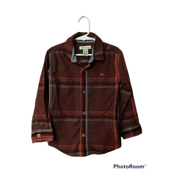 Calvin Klen Boys Small Burgundy Red Plaid Button Down Collared Long Sleeve Shirt - Picture 1 of 4